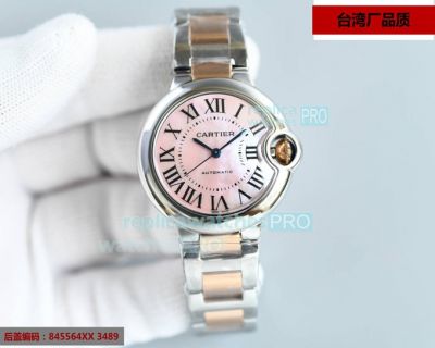 Copy Ballon Bleu De Cartier Women's Watch Pink Dial 2-Tone Yellow Gold band Rounded Bezel 33mm